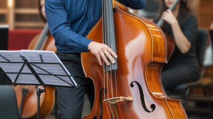 Fototapeta premium Double bass player performing in a classical orchestra rehearsal