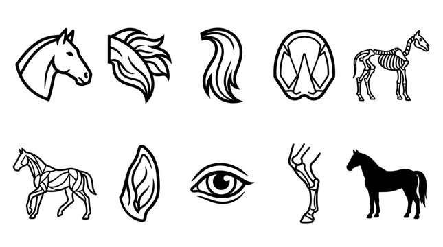 Horse Anatomy and Equine Body Parts Outline Icon Vector Set