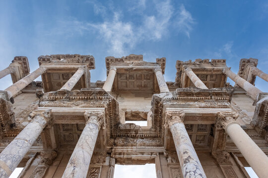 Ancient marble facade of the Library of Celsus, a major historical landmark in the Roman province of Asia