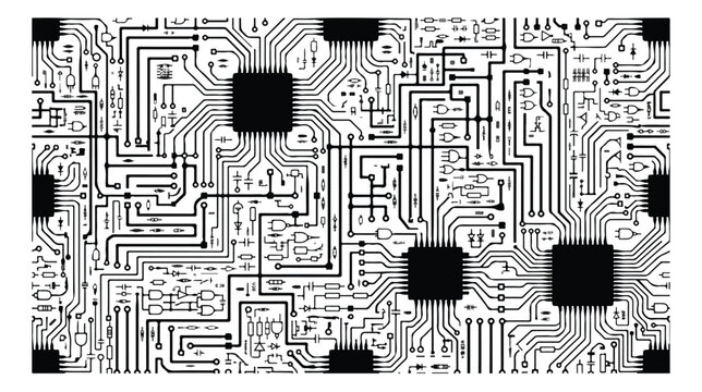 Circuit board vector pattern, black and white electronic motherboard background, digital technology microchip texture for engineering and hardware design