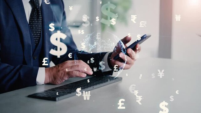 スマホとパソコンを使う男性と金融テクノロジーのコンセプト