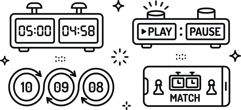 Chess Timer Clock Icon Set with Play Pause Controls and Mobile Match Symbols