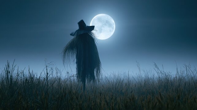 Eerie Scarecrow Under the Full Moon: A solitary scarecrow stands sentinel in a moonlit field, its shadowy figure silhouetted against a luminous full moon.