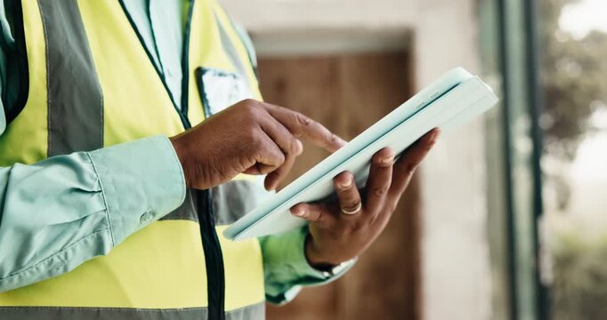 Person, hands or architect with tablet at construction site for inspection, maintenance and renovation. Technician, checklist and technology with building plan, scroll and project development