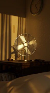 3d rendering of an electric fan in the evening sunlight. Concept heatwave