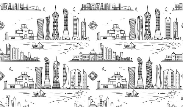 Doha Qatar Skyline Pattern Vector Set Featuring Hand Drawn Museum of Islamic Art Skyscrapers and Traditional Dhow Boats for Middle East Travel Backdrop Designs