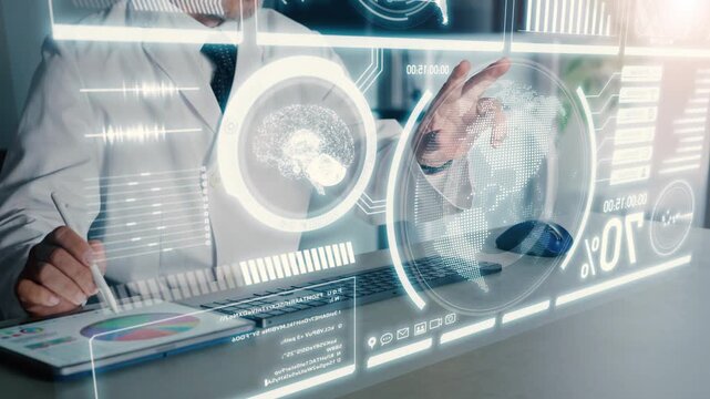 A man in a white coat operating a hologram interface.