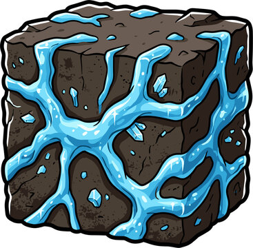 A 2D illustration of a block composed of earth and flowing water, with embedded crystals. Suitable as a game asset or texture.