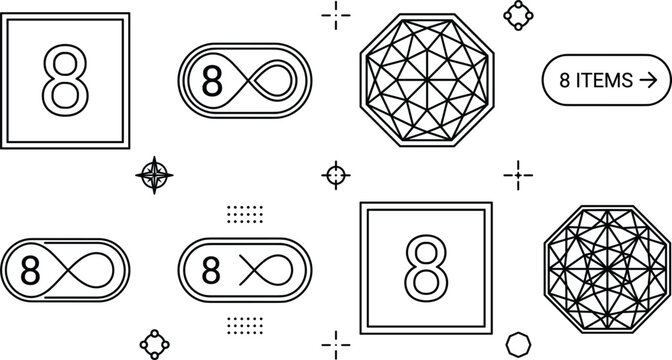 Minimalist Number Eight Icon Set With Infinity Symbols And Geometric Octagons Design Elements