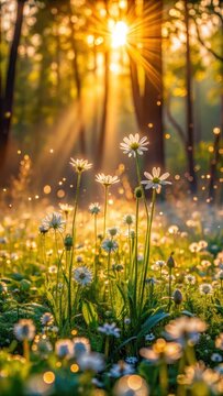 Morning light dances across dewkissed wildflowers in a sunlit forest glade