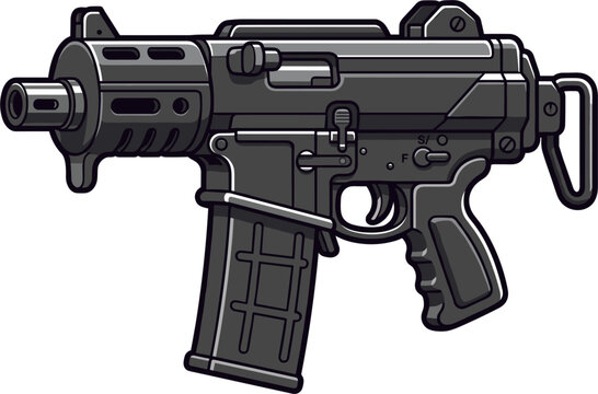A pixel art illustration of a submachine gun. The weapon features an extended magazine and is depicted in a flat, vector style. Ideal for use as a military weapon icon or tactical firearm element.