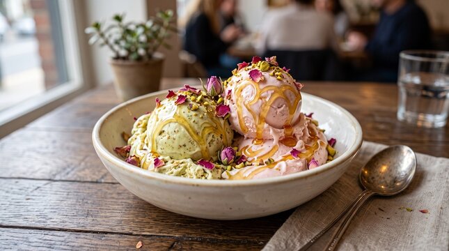 Artistic bowl of pistachio and rose ice cream scoops topped with chopped nuts and dried petals on rustic wooden caf&eacute; table