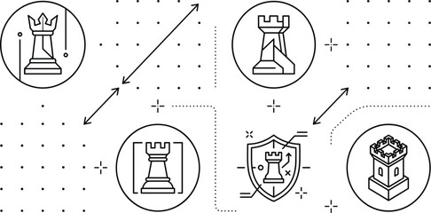 Chess Rook Strategy Icon Set Featuring Cyber Security Protection Shield Data Grid Map © MstBabli