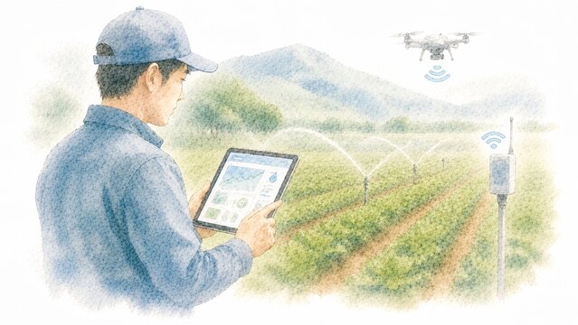 広大な農地でドローンとセンサーを活用しスマート農業を行う男性農家
