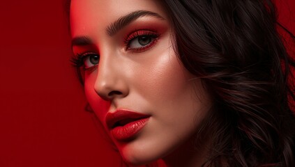 Fototapeta premium A close-up portrait featuring a woman in profile, highlighting her delicate features against vibrant red background makeup.