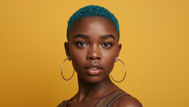 A close-up portrait featuring a young woman with a short pixie cut wearing large metallic hoop earrings on her face