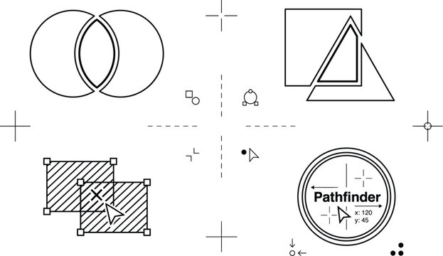 Vector Pathfinder Tool Icon Set Featuring Shape Intersect Exclude Boolean Operations And Cursor