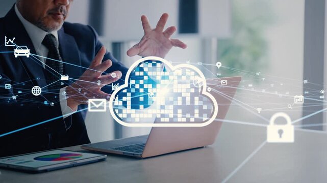 Concept of a man working in an office and a cloud network.
