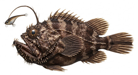 Fototapeta premium Deep Sea Anglerfish Isolated on White Background with Glowing Lure and Detailed Texture