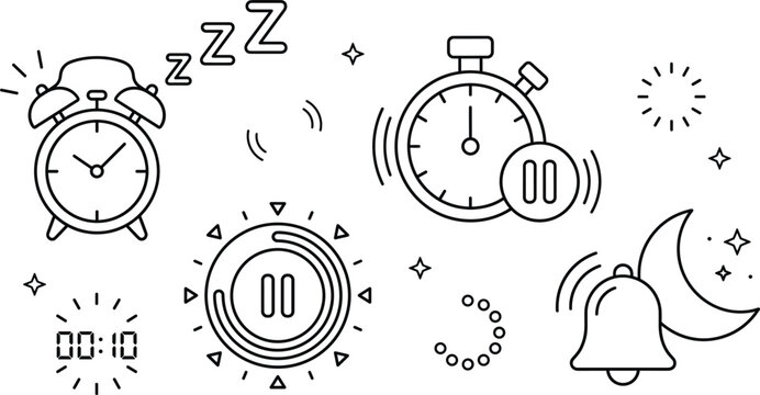 Sleep Alarm Clock Icon Set Featuring Stopwatch Pause Button Night Moon And Bell