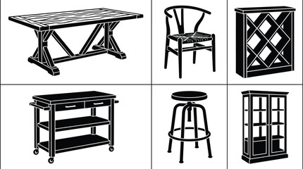Collection of furniture icons including dining table chair wine rack kitchen cart stool and cabinet in a clean vector silhouette style for interior design and home decor concepts © Junaid