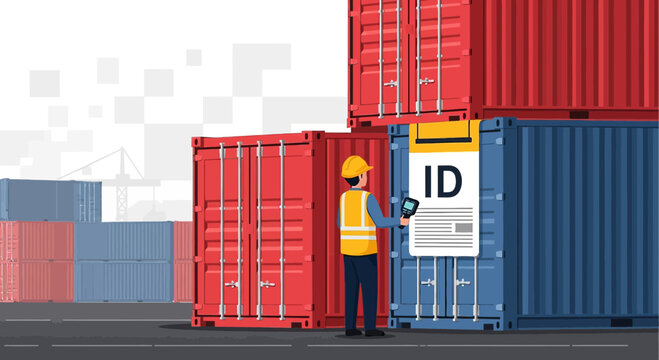 Warehouse worker scanning cargo containers with barcode scanner.
