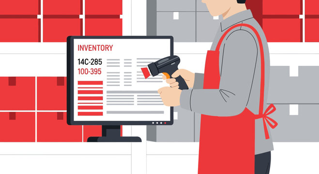 Warehouse worker scanning inventory on computer screen with barcode scanner