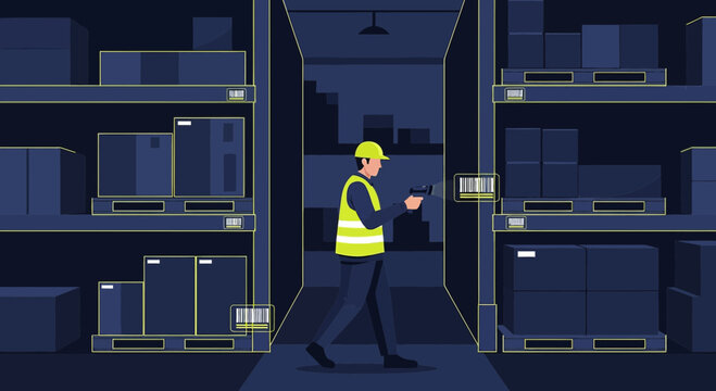 Warehouse worker scanning inventory with barcode reader, modern logistics and supply chain
