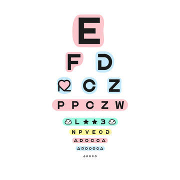 Cute eye test chart illustration with pastel colors and whimsical symbols