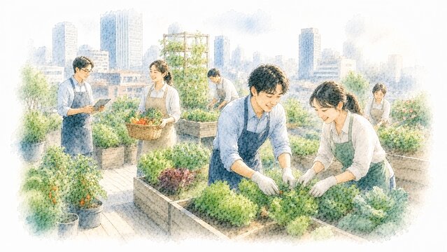 都市の屋上菜園で野菜を共同で栽培し収穫する人々のイラスト