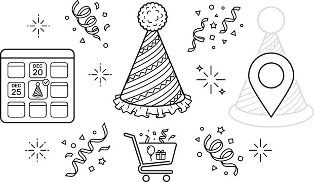 Holiday Party Event Planner Icon Set Featuring Calendar Hat Map Pin Shopping Cart