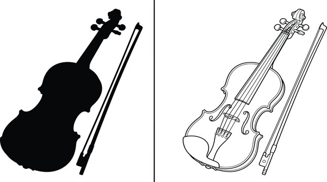 Violin Instrument Set with a Black Silhouette and an Outline Style Graphic on a White Background, Including the Bow