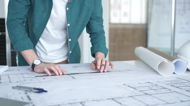 Architect designing building plan using ruler and pen, working on blueprints for construction and engineering project. Architecture and business concept