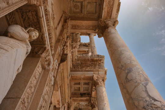 Facade of the ancient Roman Library of Celsus in the archaeological site of Ephesus, Izmir, Turkey,