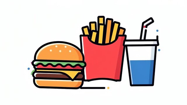 Colorful vector illustration of fast food meal with burger and fries