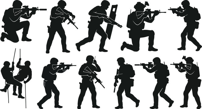 Tactical Military Soldiers Squad Silhouette Vector Seamless Pattern Combat Army Troops in Action Wallpaper Design