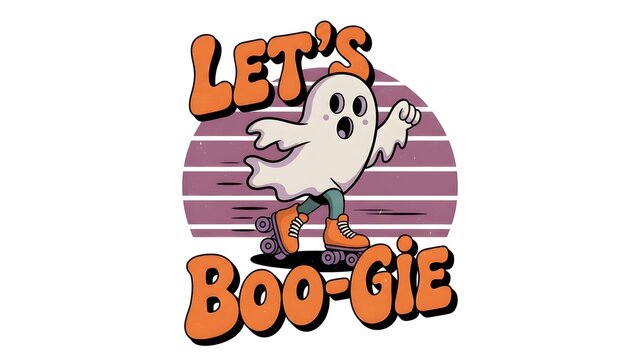 Retro cartoon ghost roller skating with groovy lets boogie text typography isolated on white background