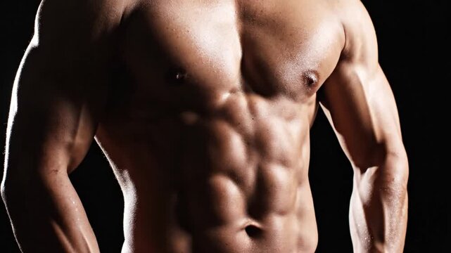 Muscular male torso and abdominal muscles on black background