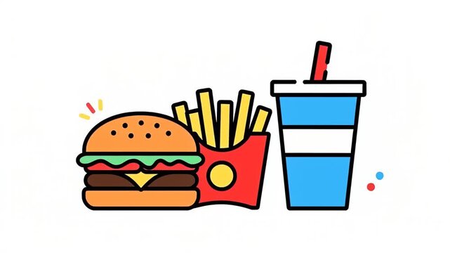 Colorful fast food illustration with burger, fries, and drink