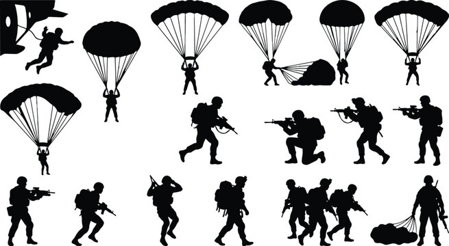 Military Paratroopers Silhouette Vector Set Airborne Soldier Jumping with Parachute Tactical Army Operation Troops