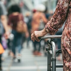 Obraz premium Elderly person using walker in busy city street with many people walking around during daytime