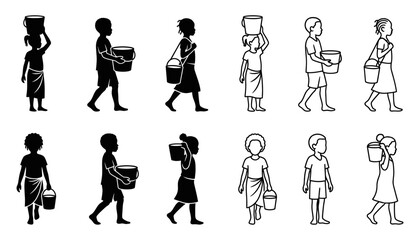 Obraz premium African Woman Walking with Water Bucket Black and White Outline and Silhouette Vector Icon Collection 