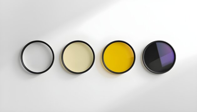   
Four circular camera lens filters &mdash; Photography accessories showcasing clear, tinted, yellow, and gradient optical variations