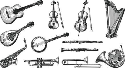 A collection of engraving vintage musical instruments including guitar violin cello harp and saxophone presented as a classic still life © Mahi Fattah