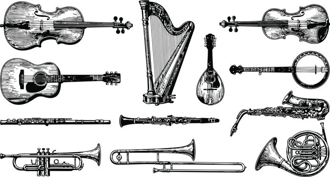 A collection of engraving vintage musical instruments arranged on a white background