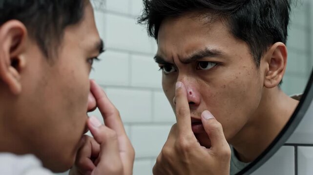 Young Man Pressing Face in Mirror Examining Skin. Suitable for skincare routines, men's grooming content, dermatology awareness, and facial health educational videos.