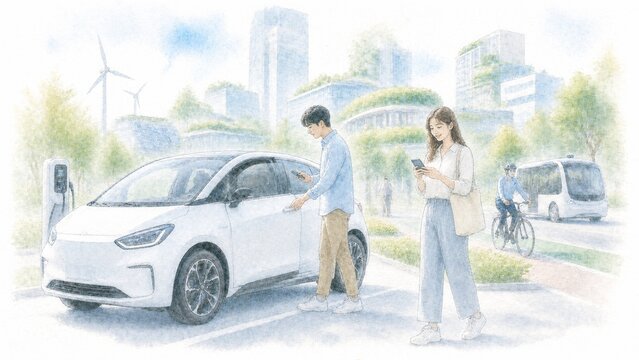 未来の環境都市で電気自動車とスマートフォンを利用する人々のライフスタイル