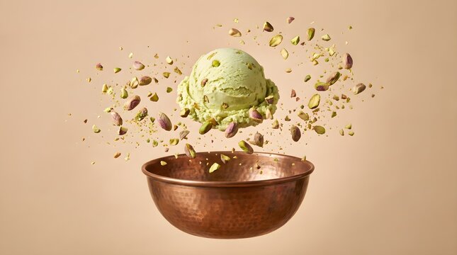 Scoop of pistachio ice cream floating above a copper bowl with flying nuts