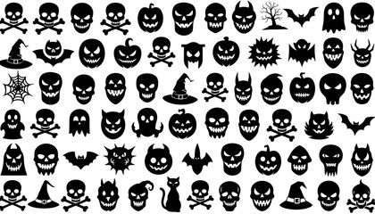 Fototapeta premium Large collection of halloween vector icons featuring skulls, pumpkins, ghosts, bats, witches hats, and spiders isolated on white background