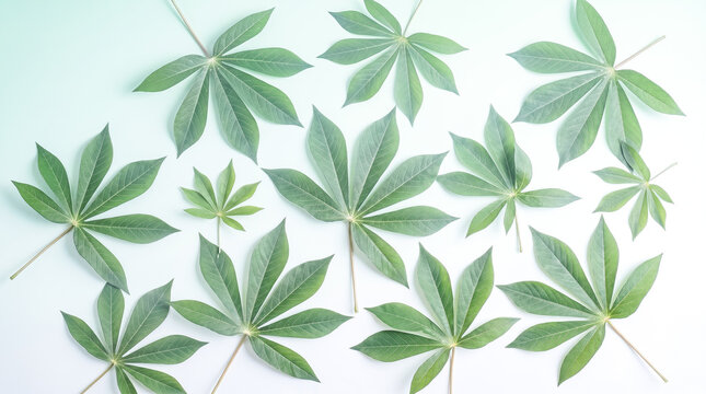 Tropical Green Cassava Leaves Pattern on Soft White and Mint Gradient Background